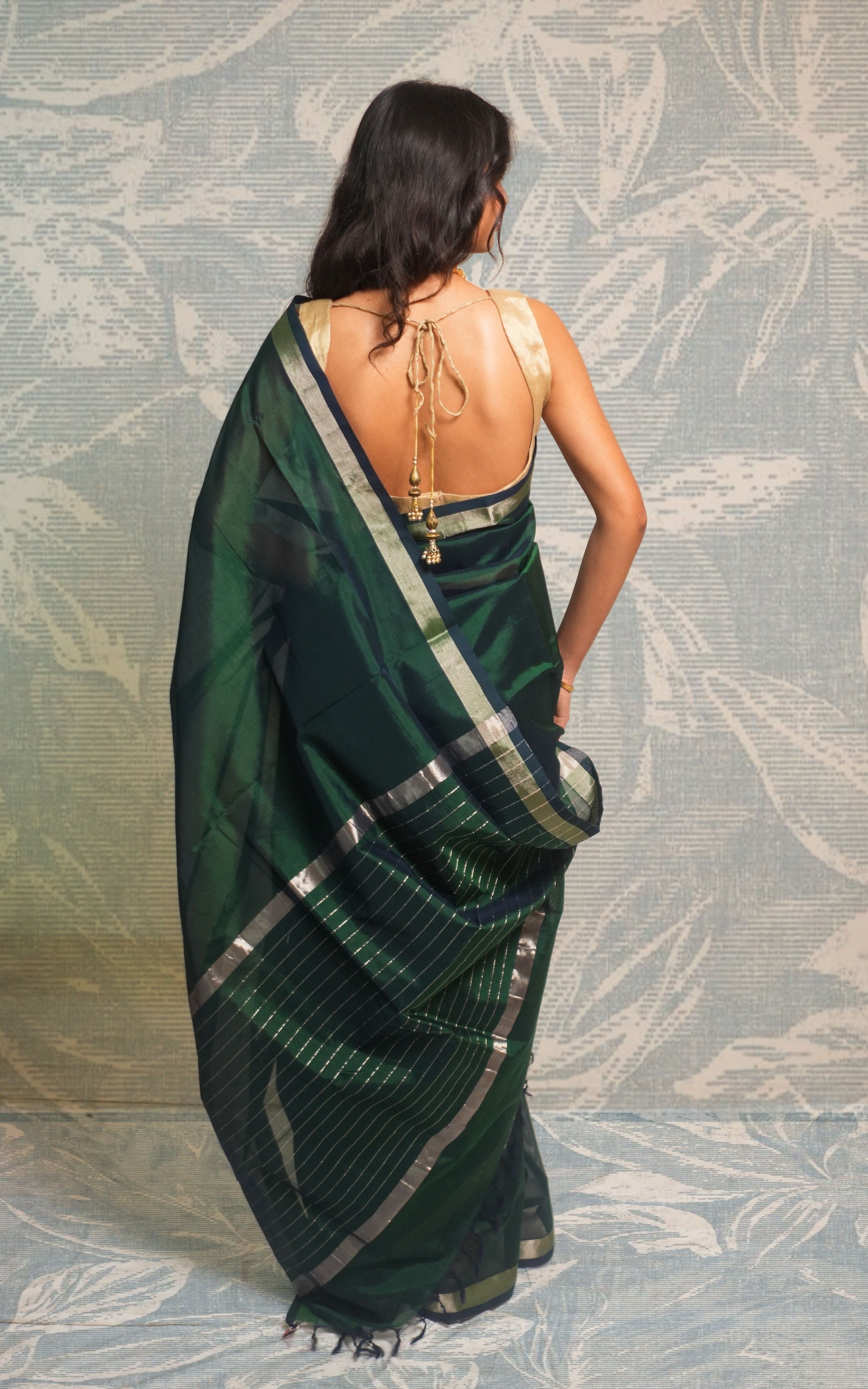 Bottel Green Color Plain Paturi Silk Saree With Silver Zari Border