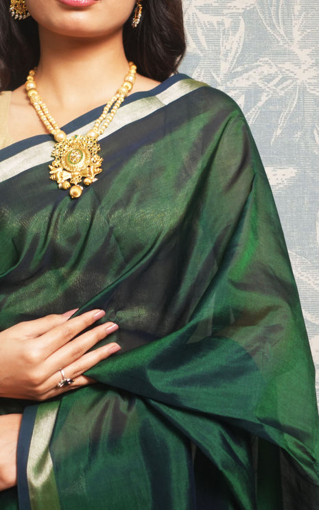 Bottle Green Color Plain Paturi Silk Saree With Silver Zari Border