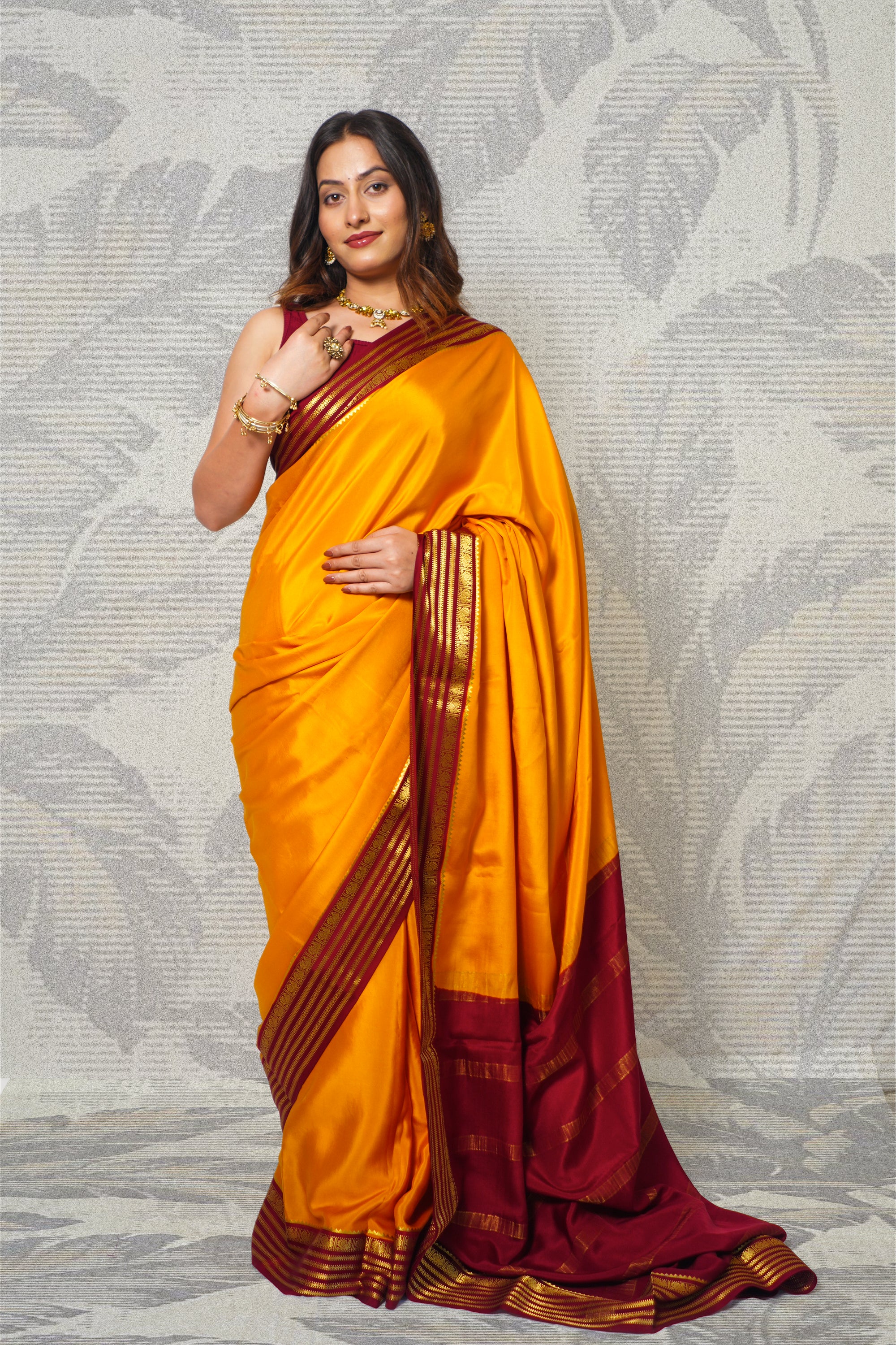 Mustard Yellow And Deep Maroon Mysore Silk Saree