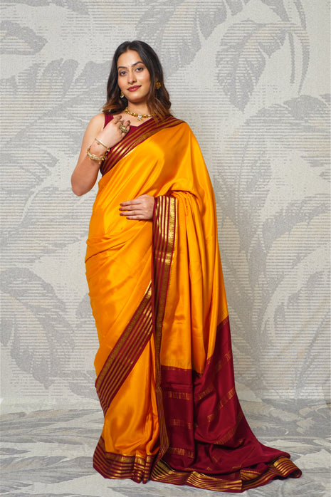 Mustard Yellow And Deep Maroon Mysore Silk Saree