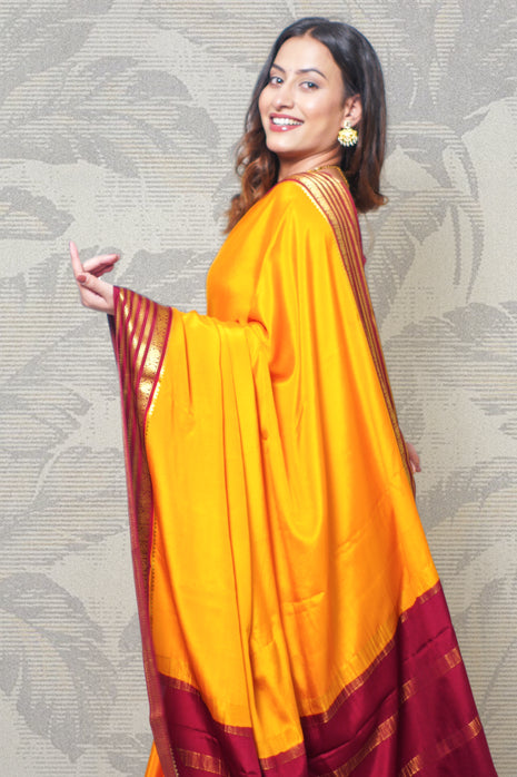 Mustard Yellow And Deep Maroon Mysore Silk Saree