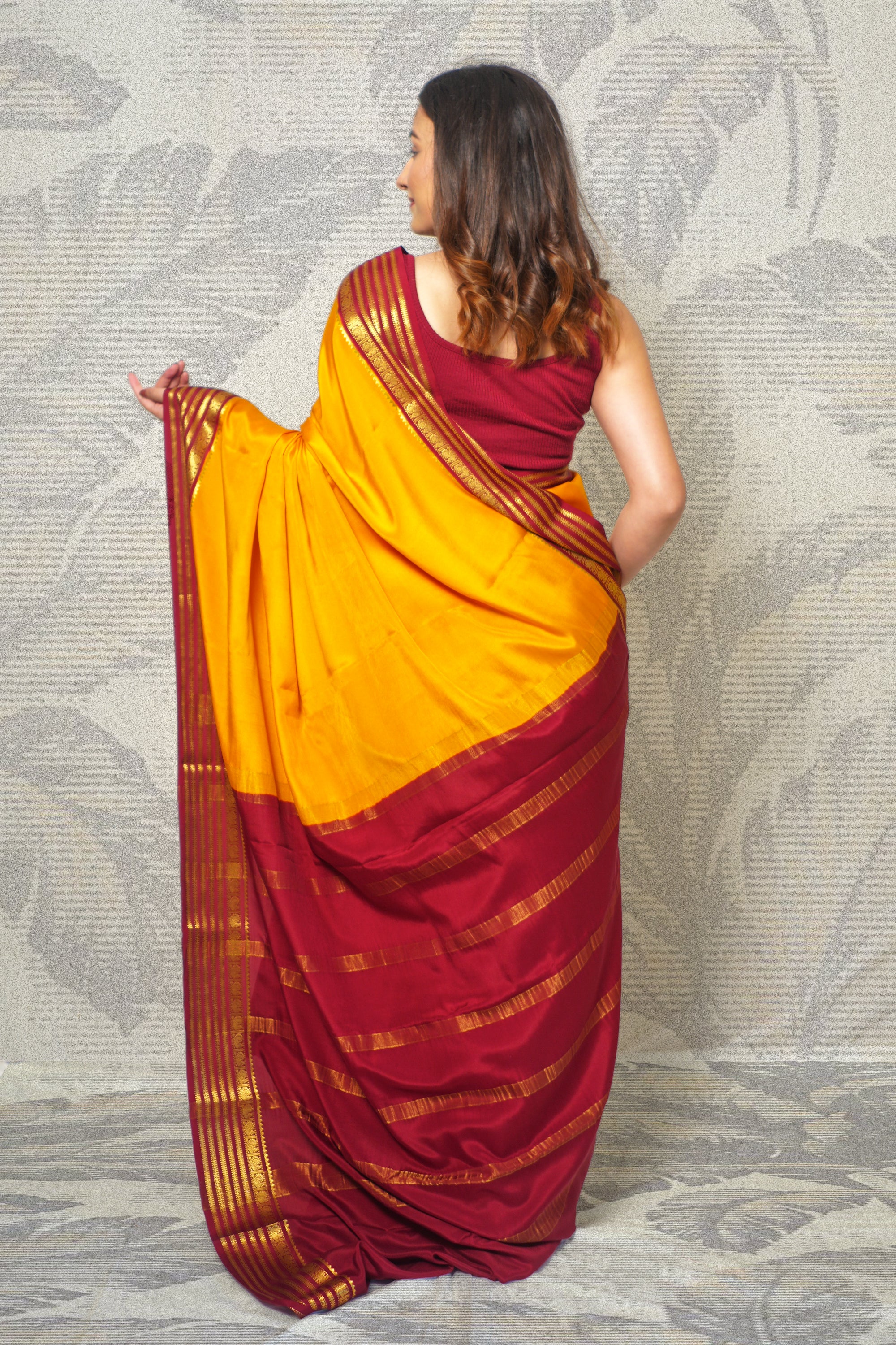 Mustard Yellow And Deep Maroon Mysore Silk Saree