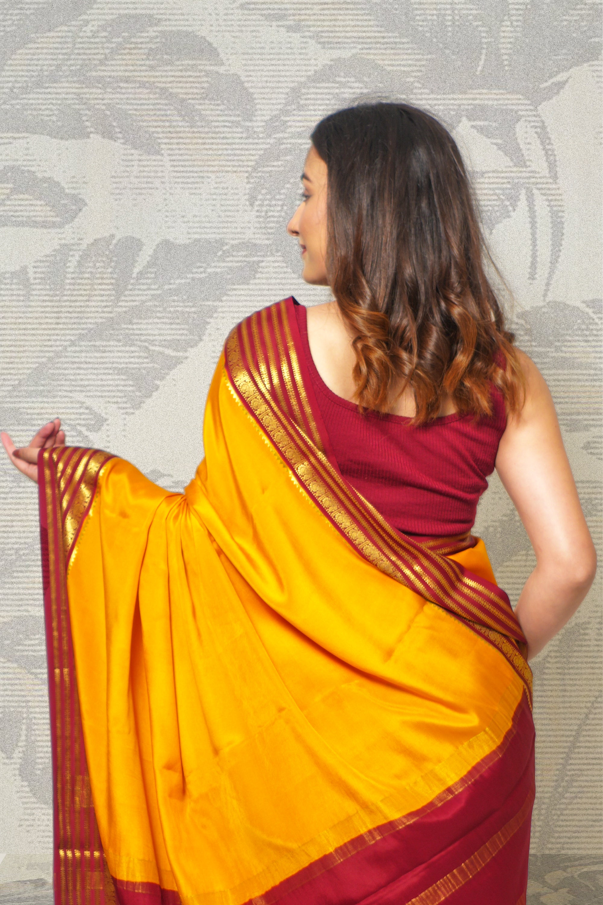 Mustard Yellow And Deep Maroon Mysore Silk Saree