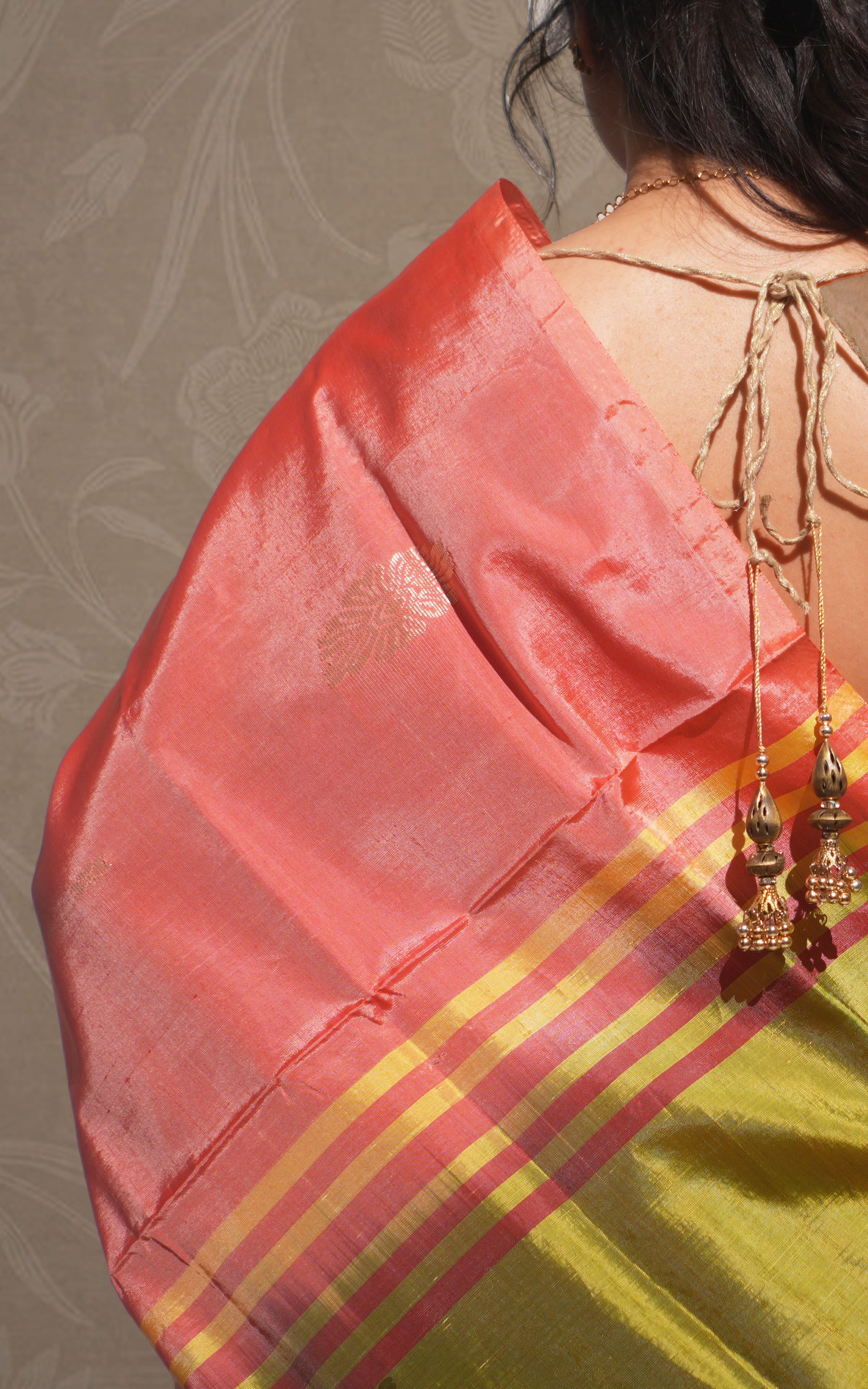 Peach Orange And Olive Green Banana silk Saree
