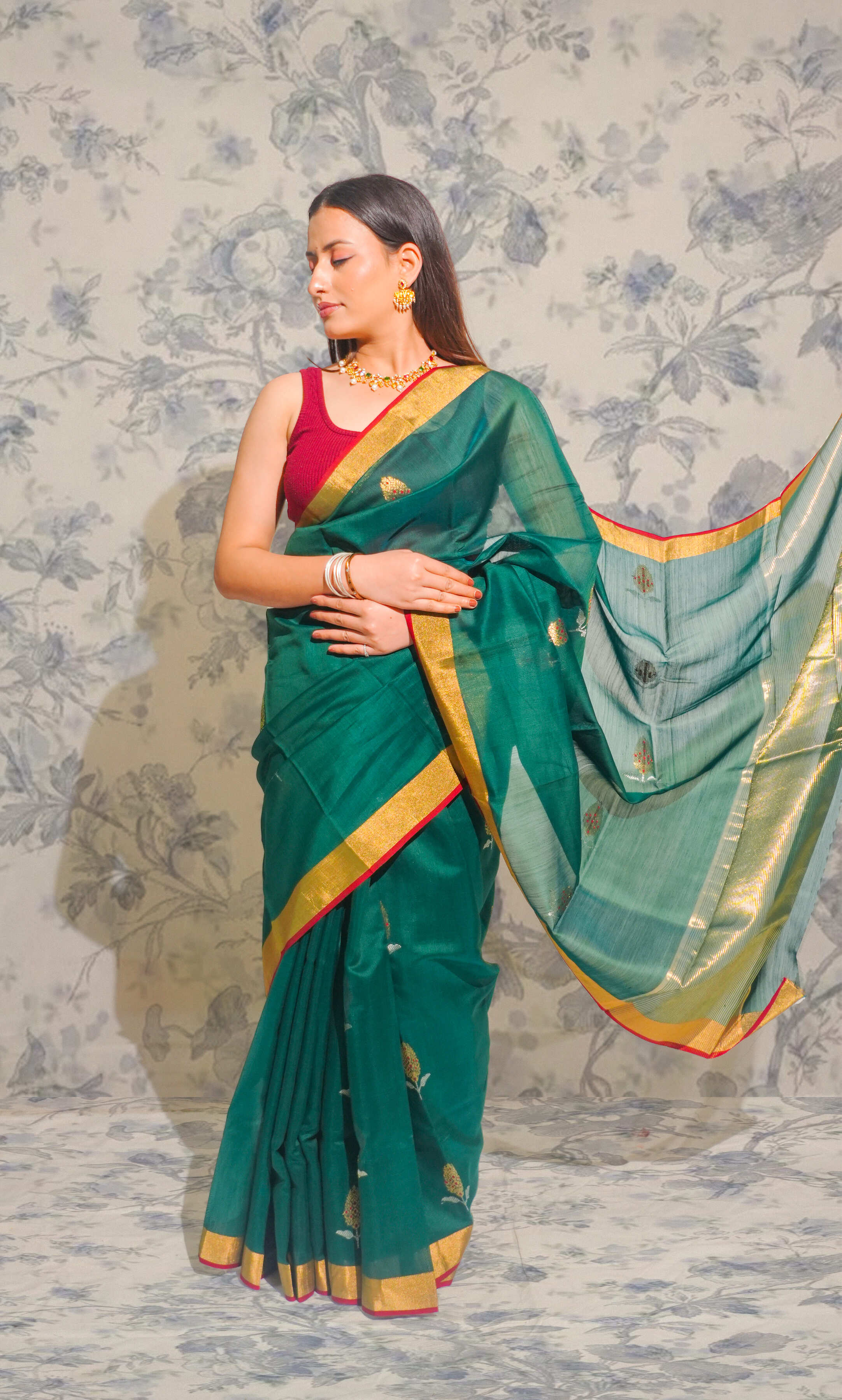 Teel Green And Gold Border Chanderi Silk Saree