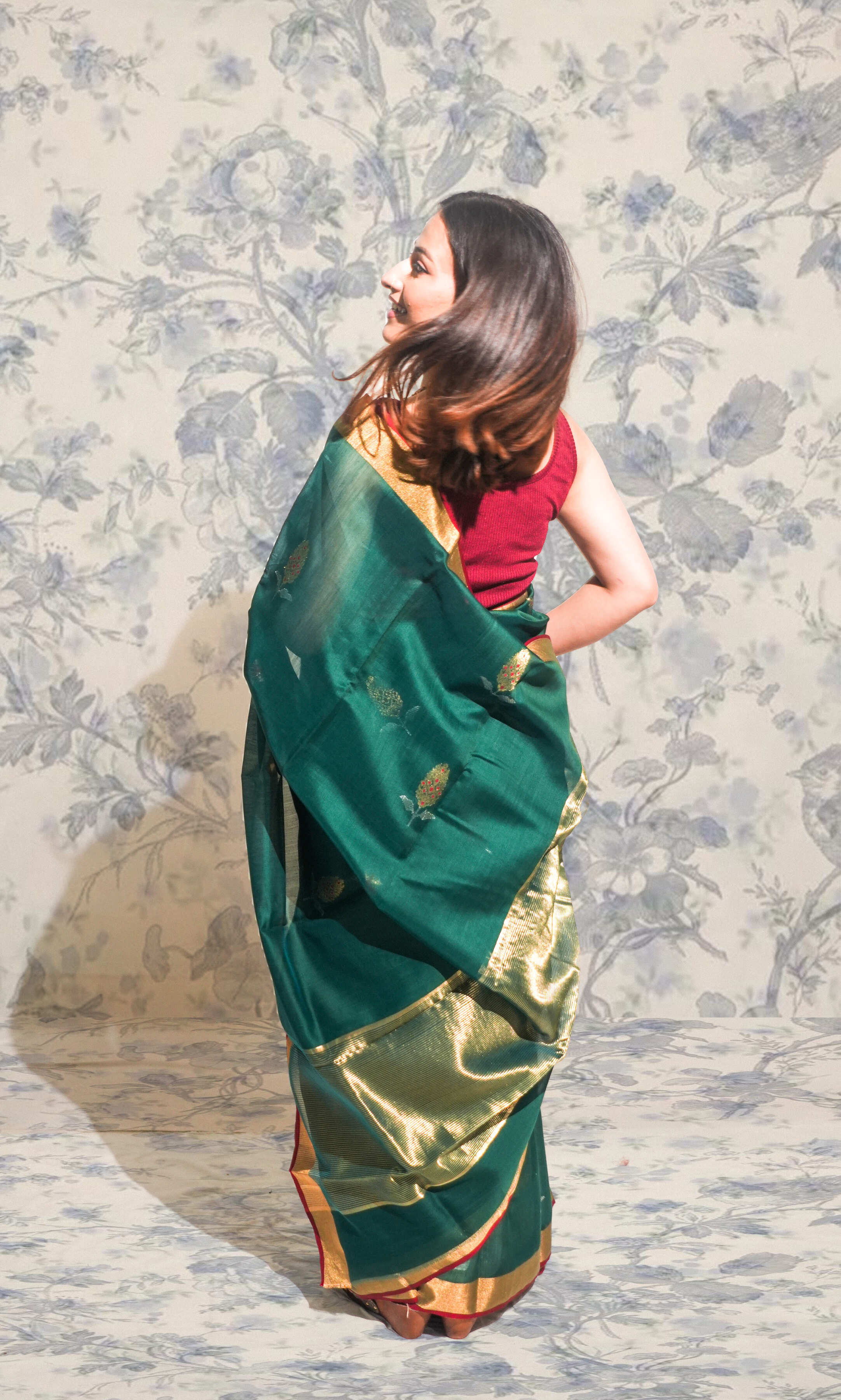 Teel Green And Gold Border Chanderi Silk Saree