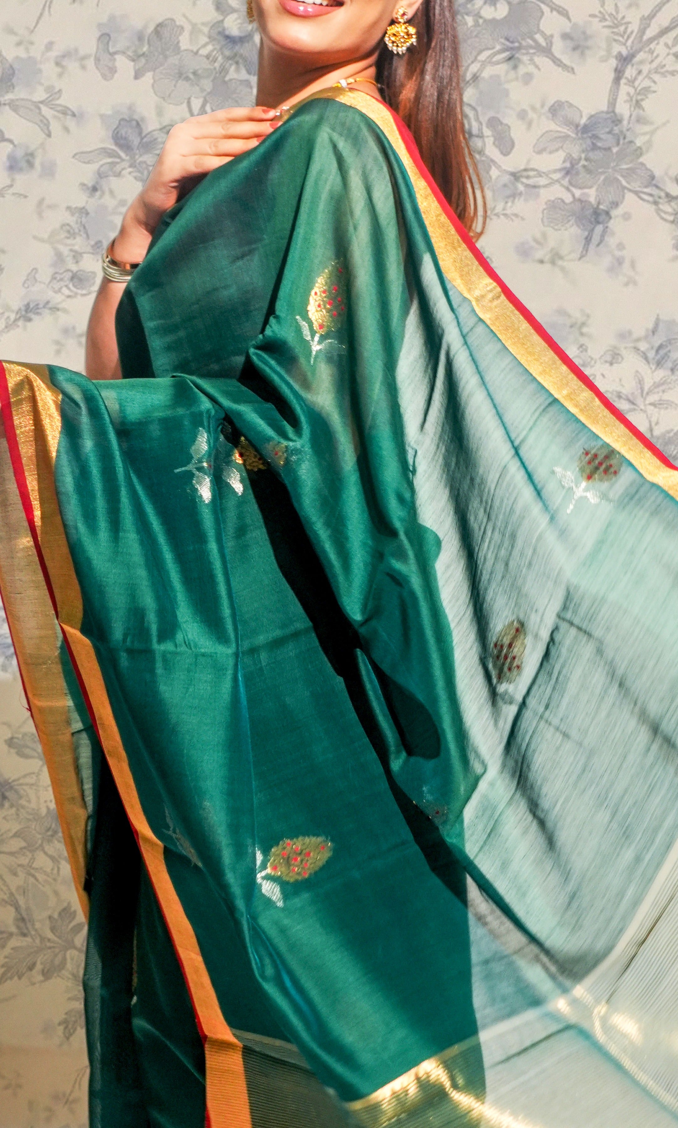 Teel Green And Gold Border Chanderi Silk Saree