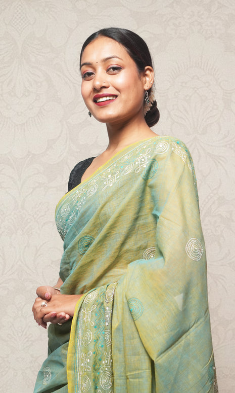 White Katha Work On Sea Green Cotton Saree