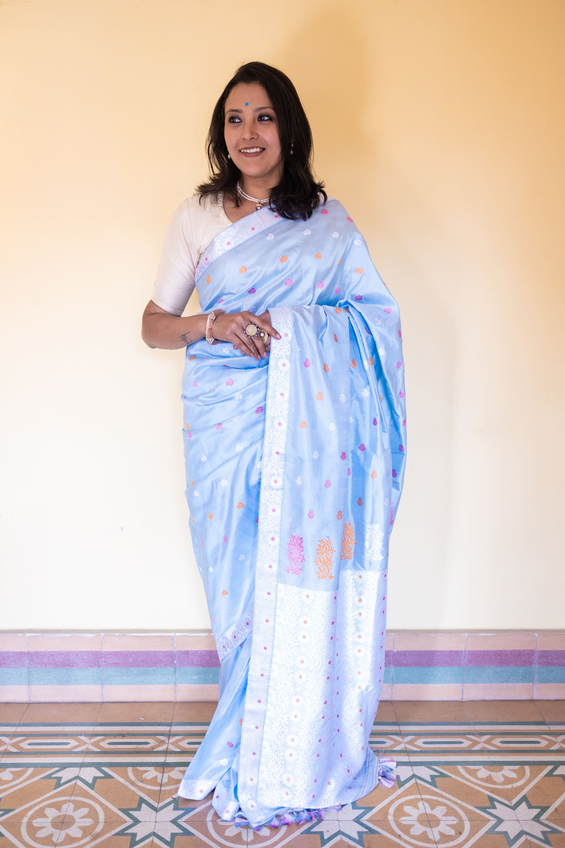 Soft Pastel Blue Assam Silk Saree with Orange and White Flowers and Creepers With Blouse Piece