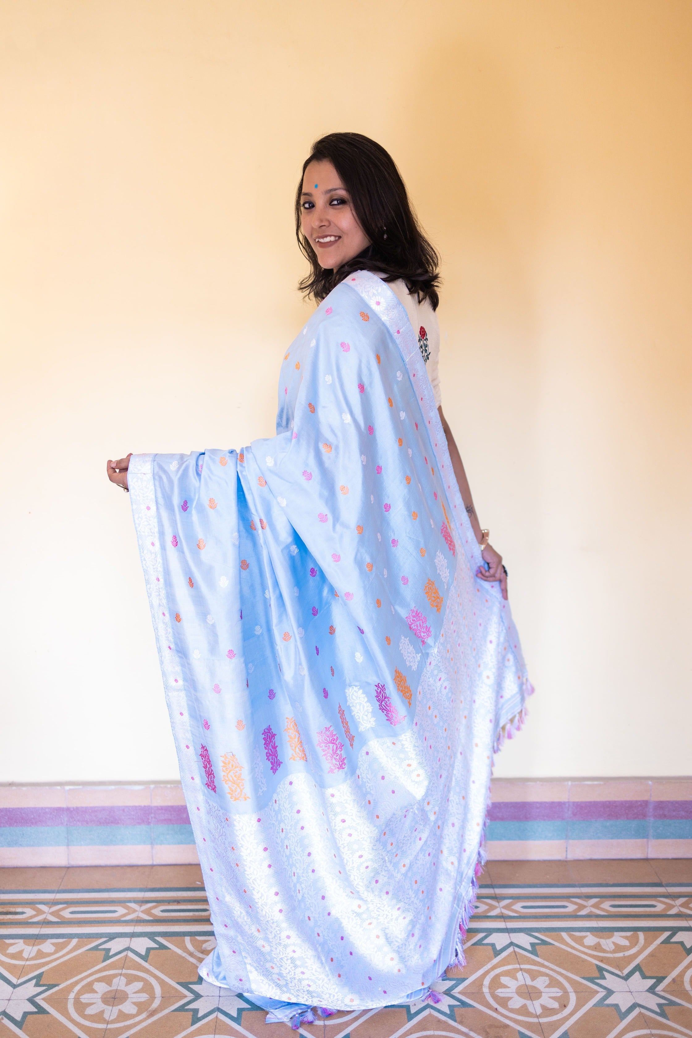 Soft Pastel Blue Assam Silk Saree with Orange and White Flowers and Creepers With Blouse Piece