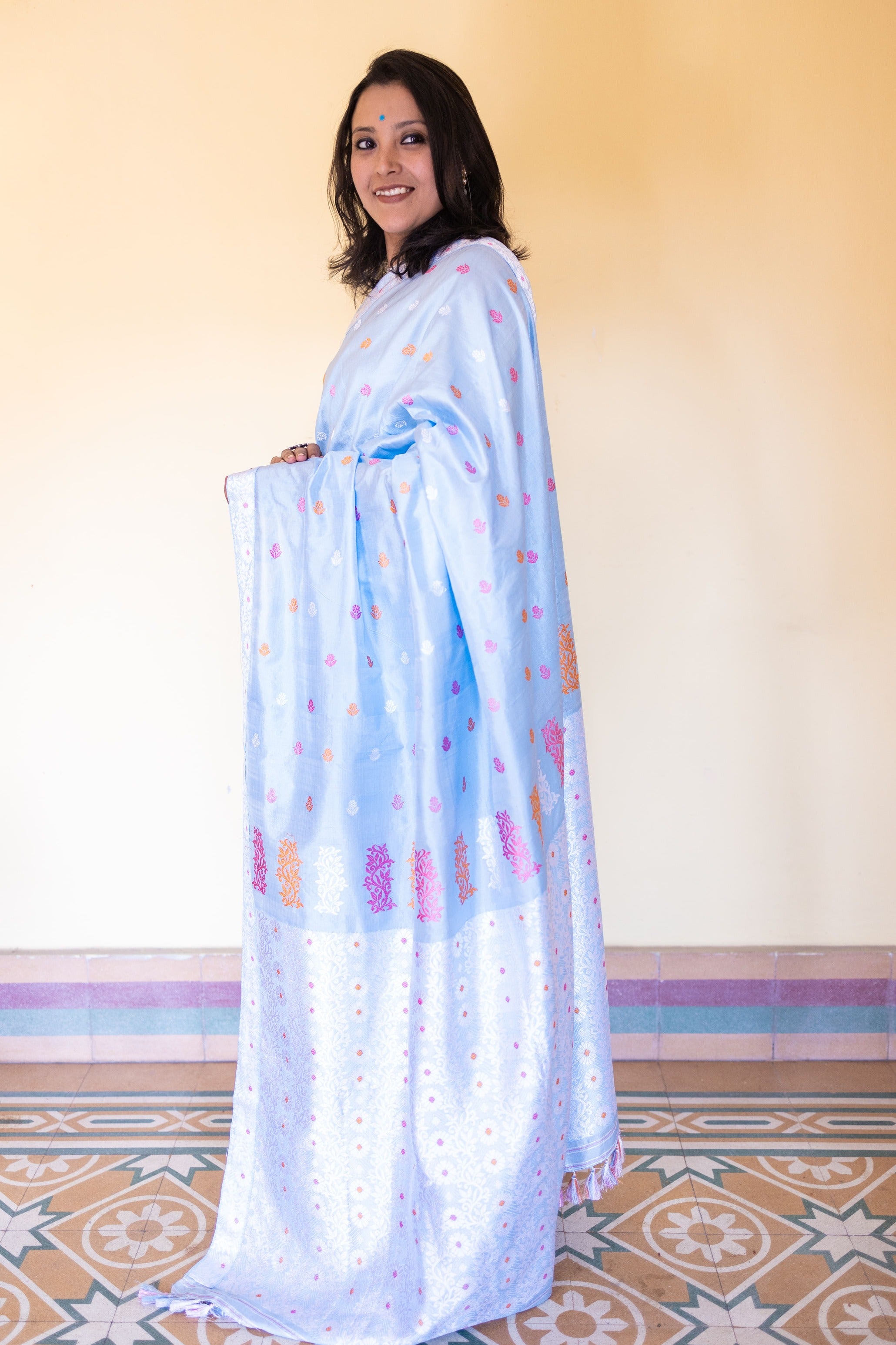 Soft Pastel Blue Assam Silk Saree with Orange and White Flowers and Creepers With Blouse Piece