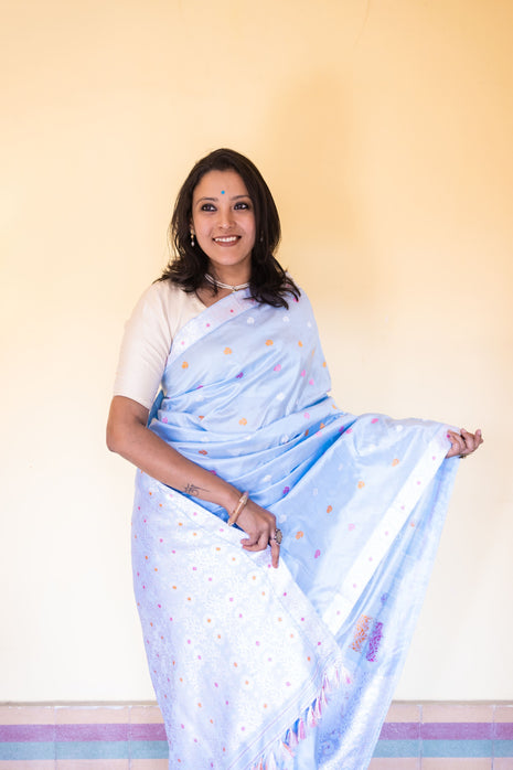 Soft Pastel Blue Assam Silk Saree with Orange and White Flowers and Creepers With Blouse Piece