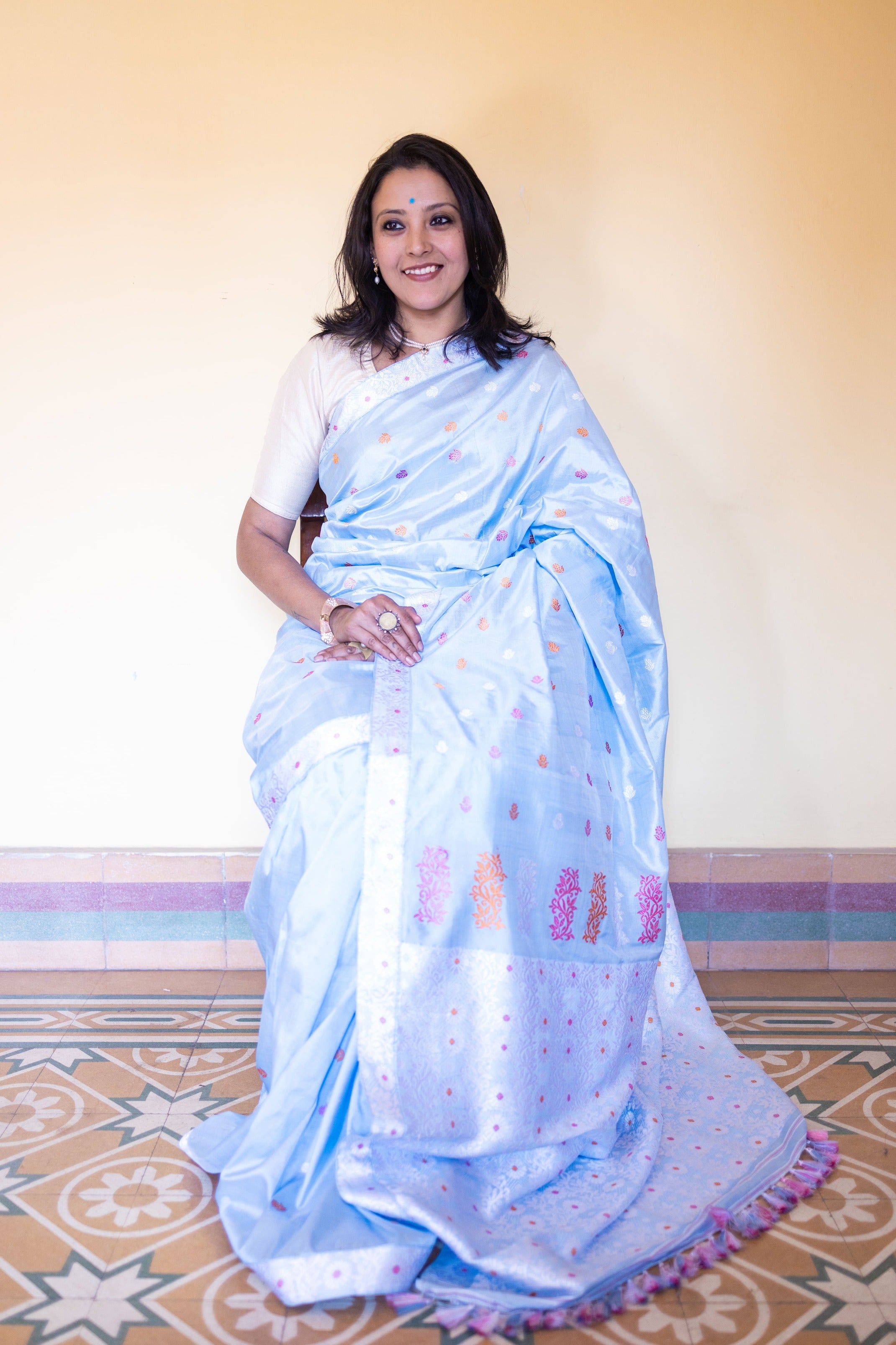 Soft Pastel Blue Assam Silk Saree with Orange and White Flowers and Creepers With Blouse Piece