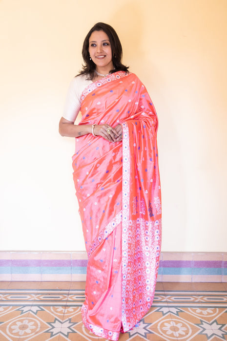 Orange Red Assam Silk Saree with Blue & White Resham Flowers & Creepers With Blouse Piece