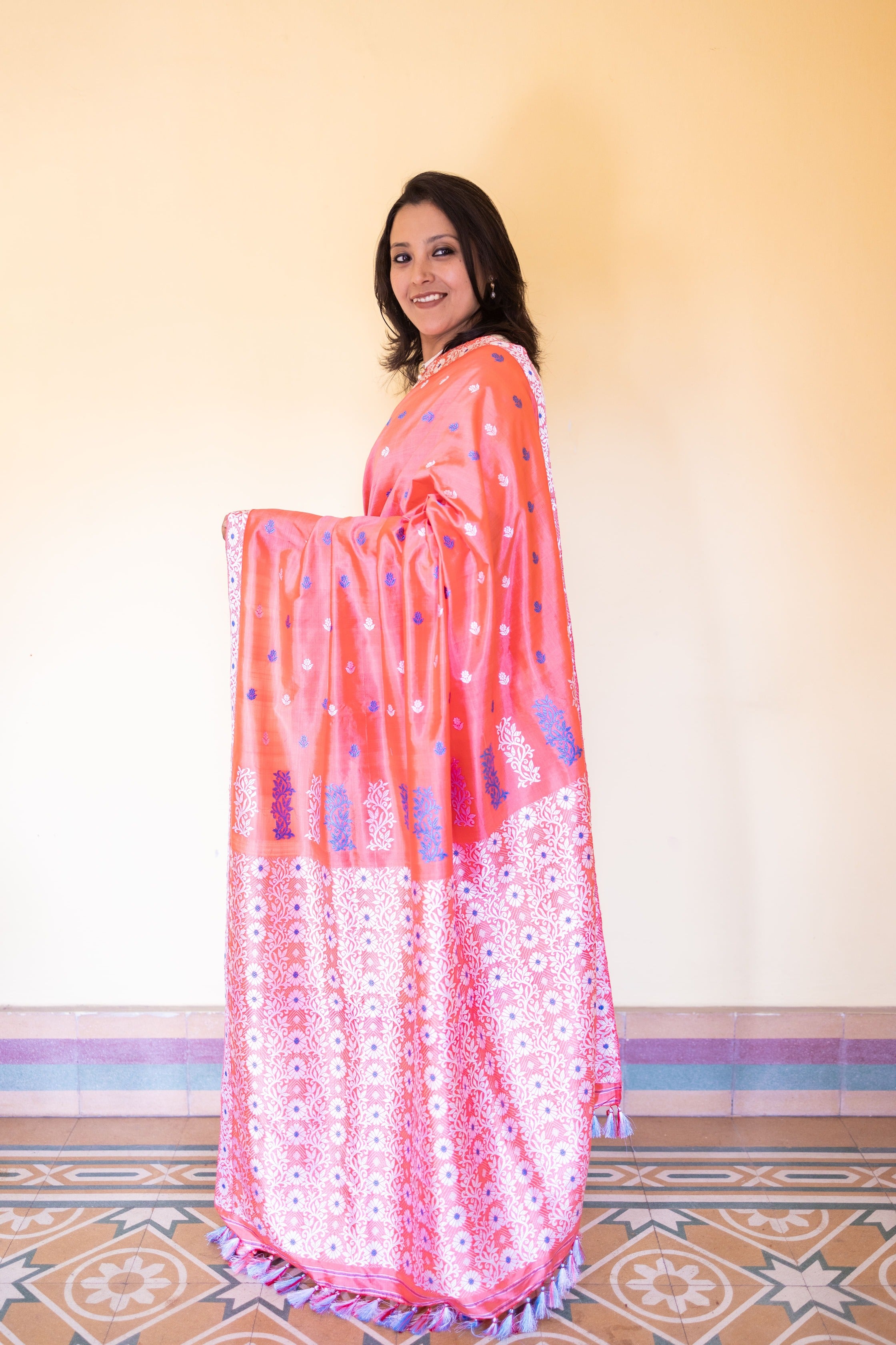 Orange Red Assam Silk Saree with Blue & White Resham Flowers & Creepers With Blouse Piece