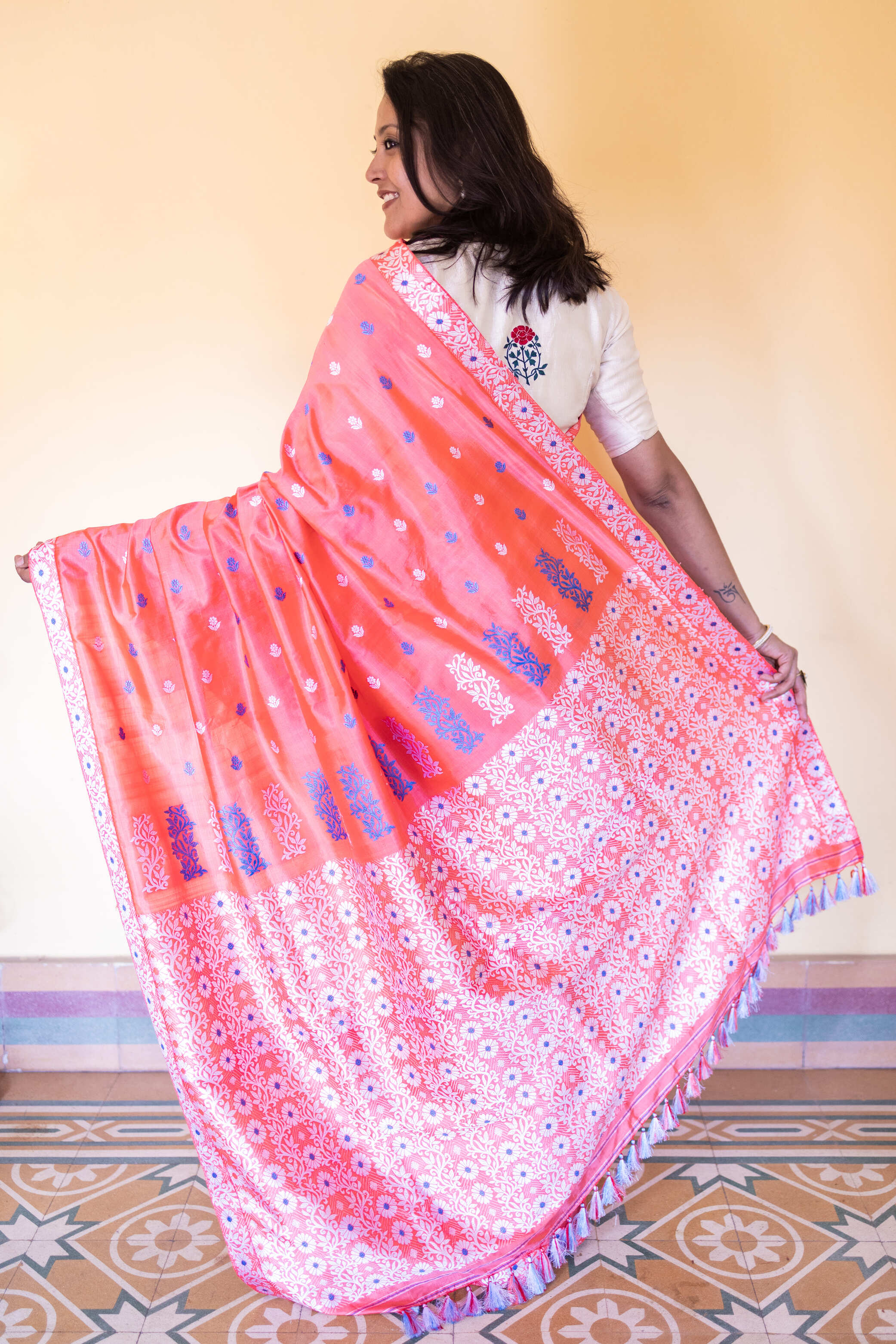 Orange Red Assam Silk Saree with Blue & White Resham Flowers & Creepers With Blouse Piece