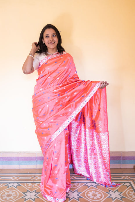 Orange Red Assam Silk Saree with Blue & White Resham Flowers & Creepers With Blouse Piece