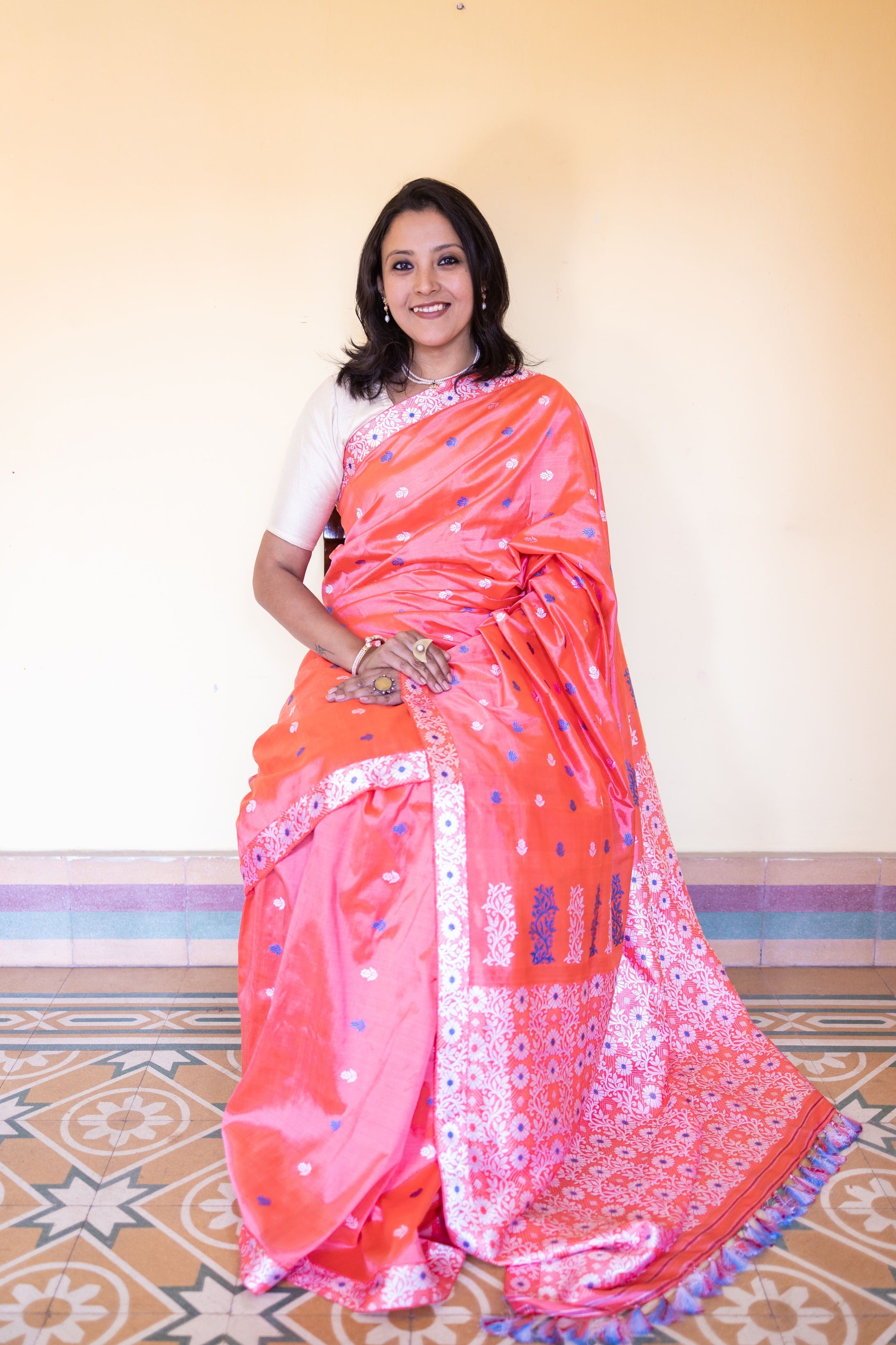 Orange Red Assam Silk Saree with Blue & White Resham Flowers & Creepers With Blouse Piece