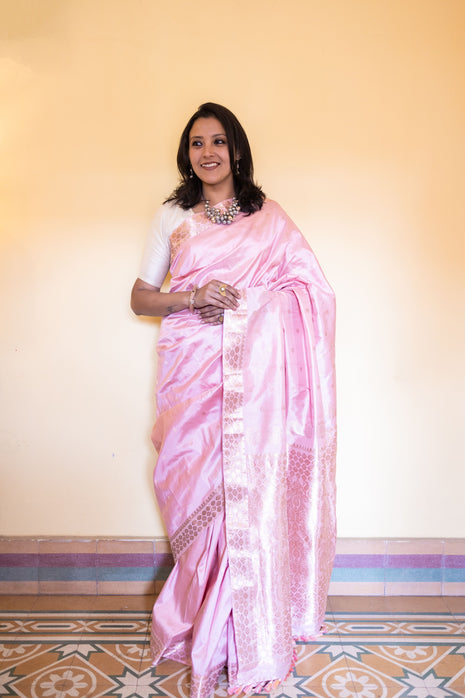 Light Baby Pink Assam Silk Saree with Heavy Gold Work With Blouse Piece
