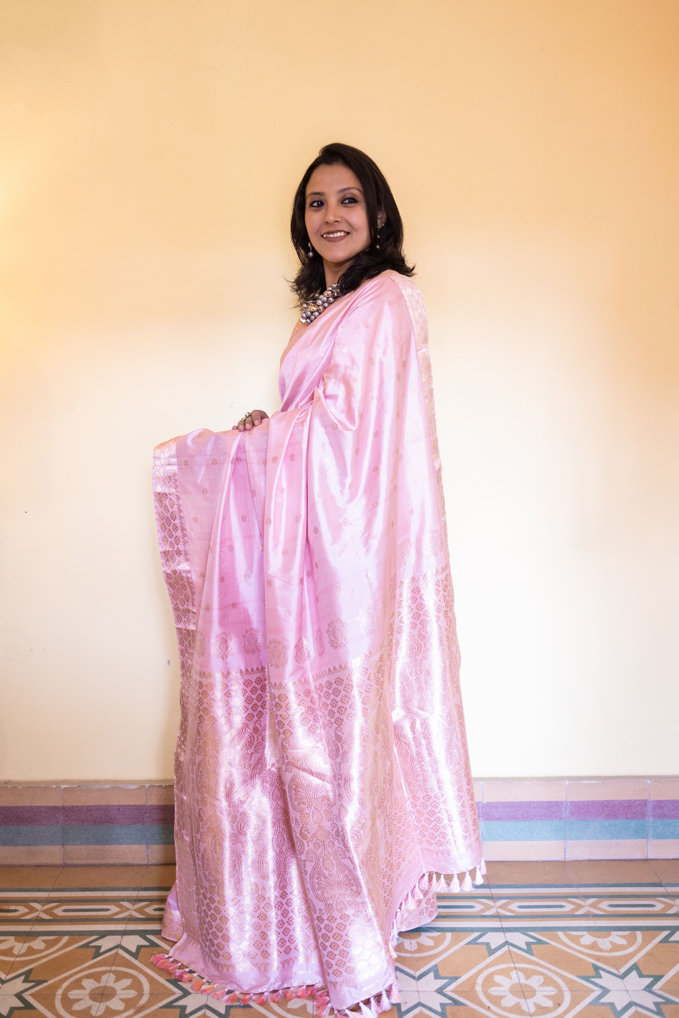 Light Baby Pink Assam Silk Saree with Heavy Gold Work With Blouse Piece