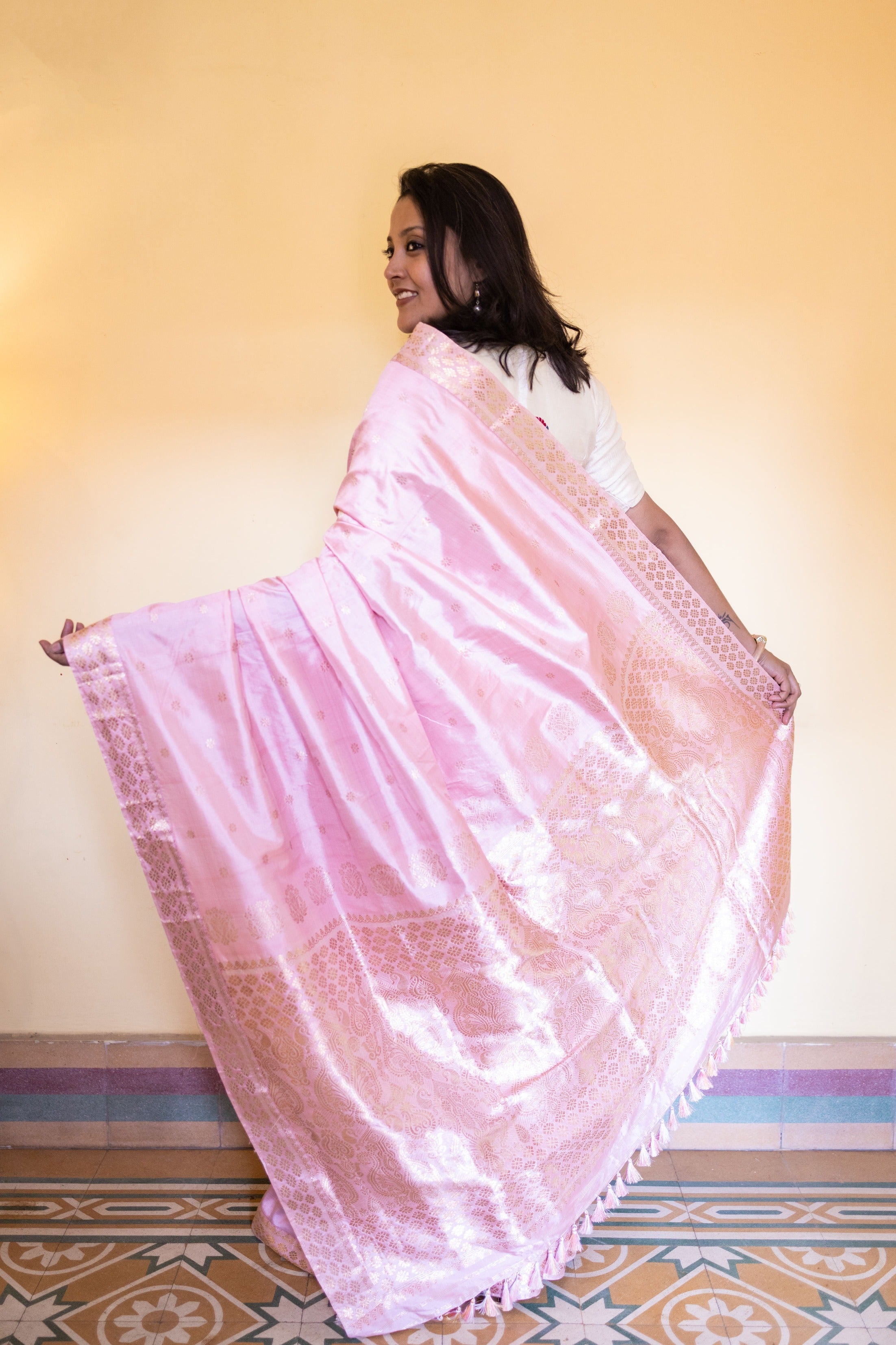 Light Baby Pink Assam Silk Saree with Heavy Gold Work With Blouse Piece