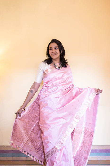 Light Baby Pink Assam Silk Saree with Heavy Gold Work With Blouse Piece