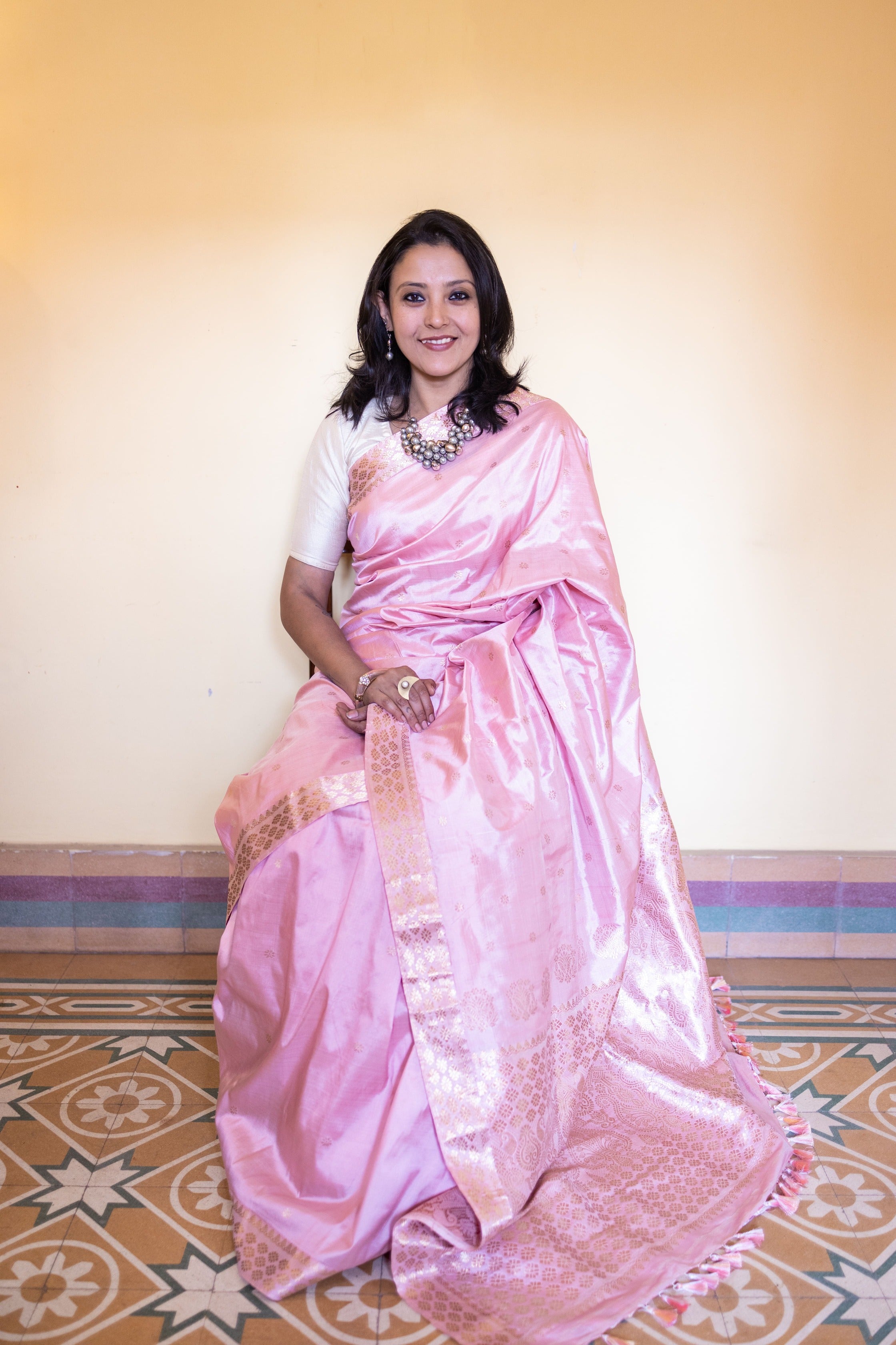 Light Baby Pink Assam Silk Saree with Heavy Gold Work With Blouse Piece