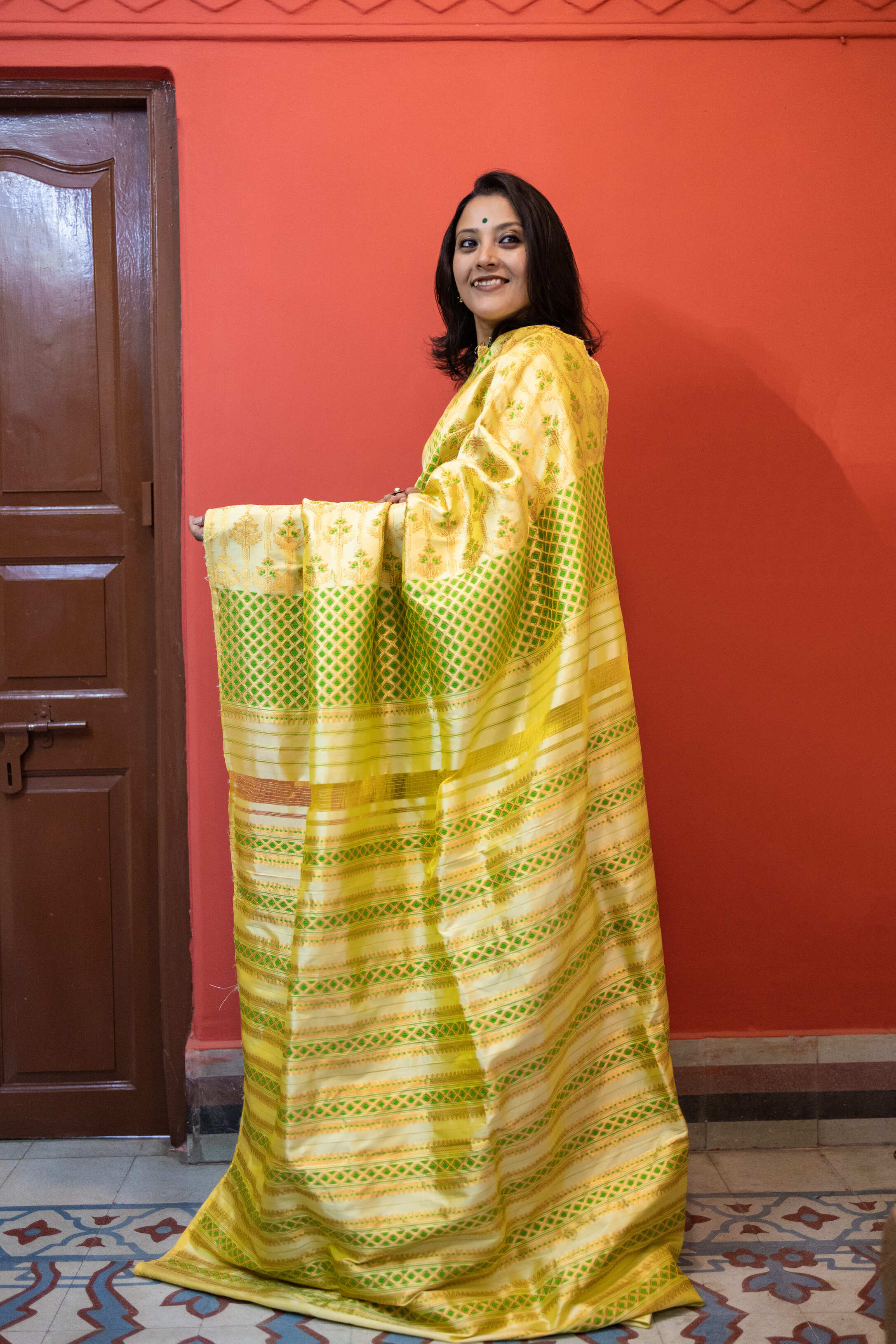 Light Lemon Yellow Assam Silk Saree with Forest Green and Golden Zari Work With Blouse Piece