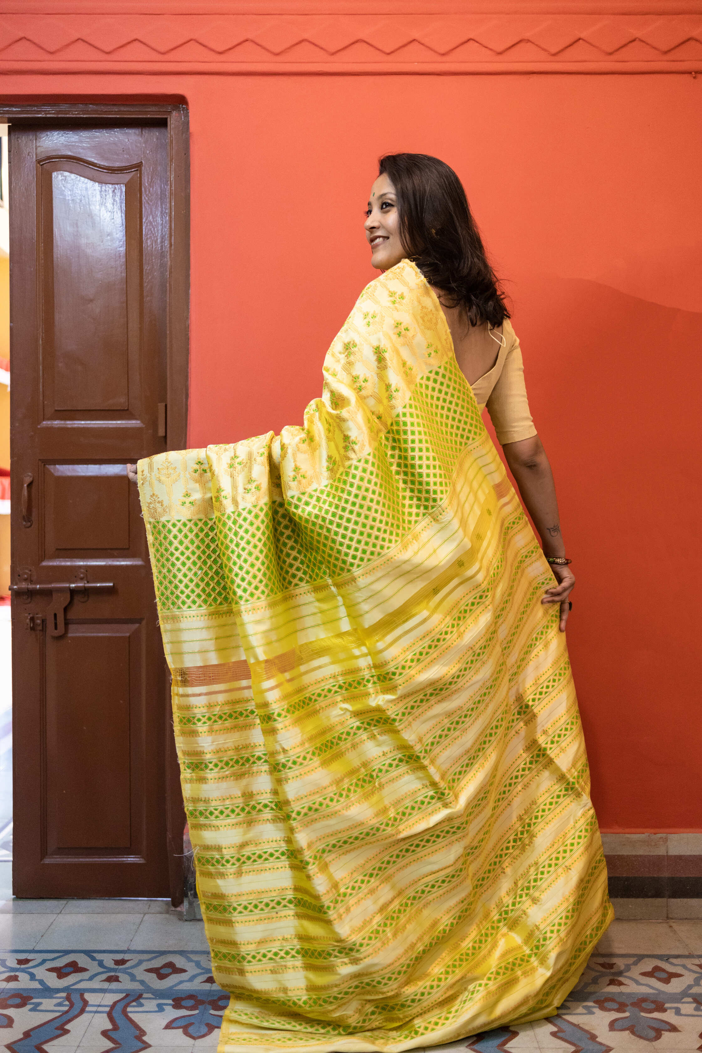 Light Lemon Yellow Assam Silk Saree with Forest Green and Golden Zari Work With Blouse Piece
