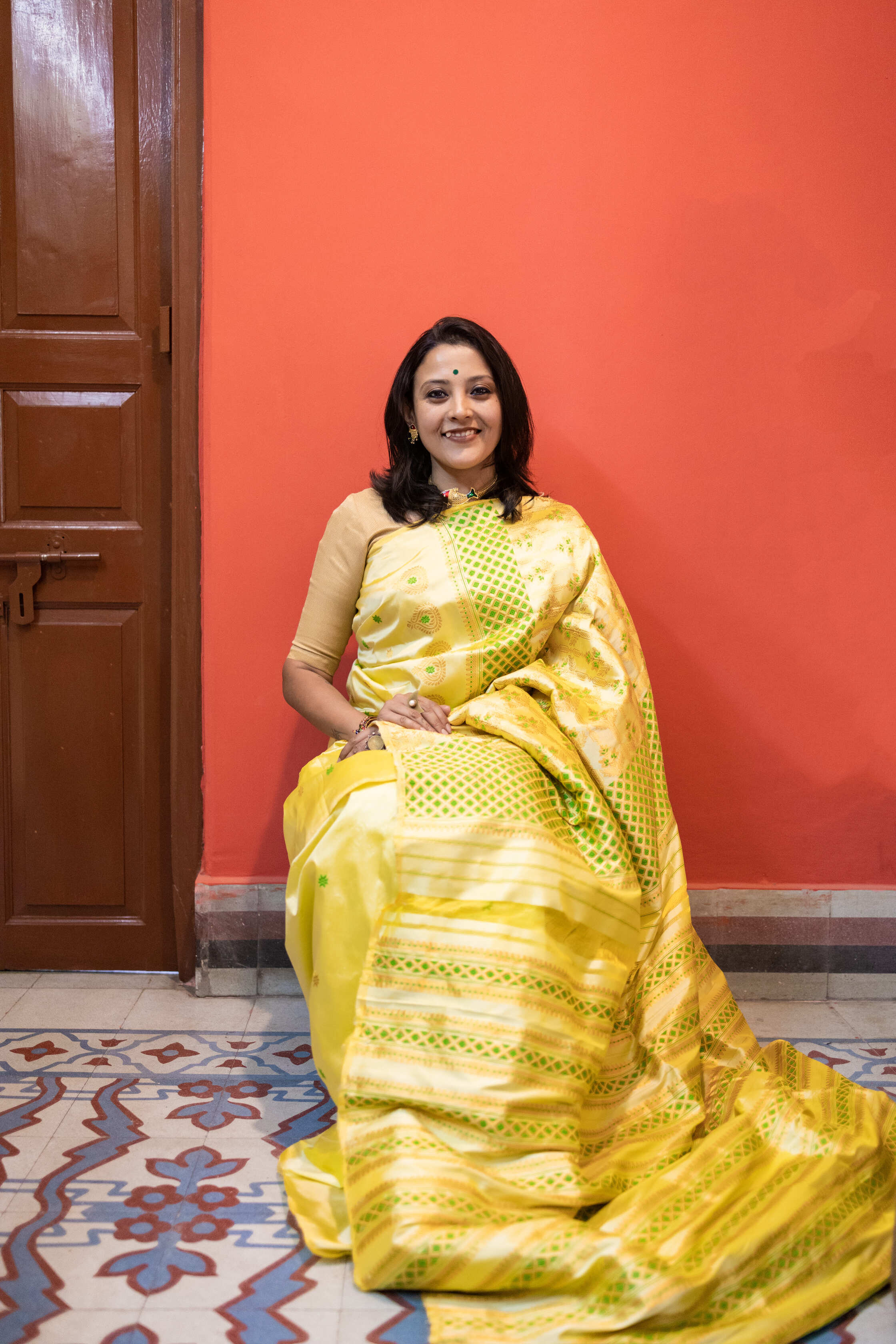 Light Lemon Yellow Assam Silk Saree with Forest Green and Golden Zari Work With Blouse Piece