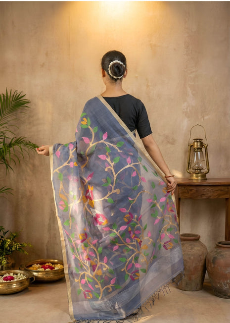 Blue Grey Organza Saree, All Over Jamdani Work With Blouse Piece