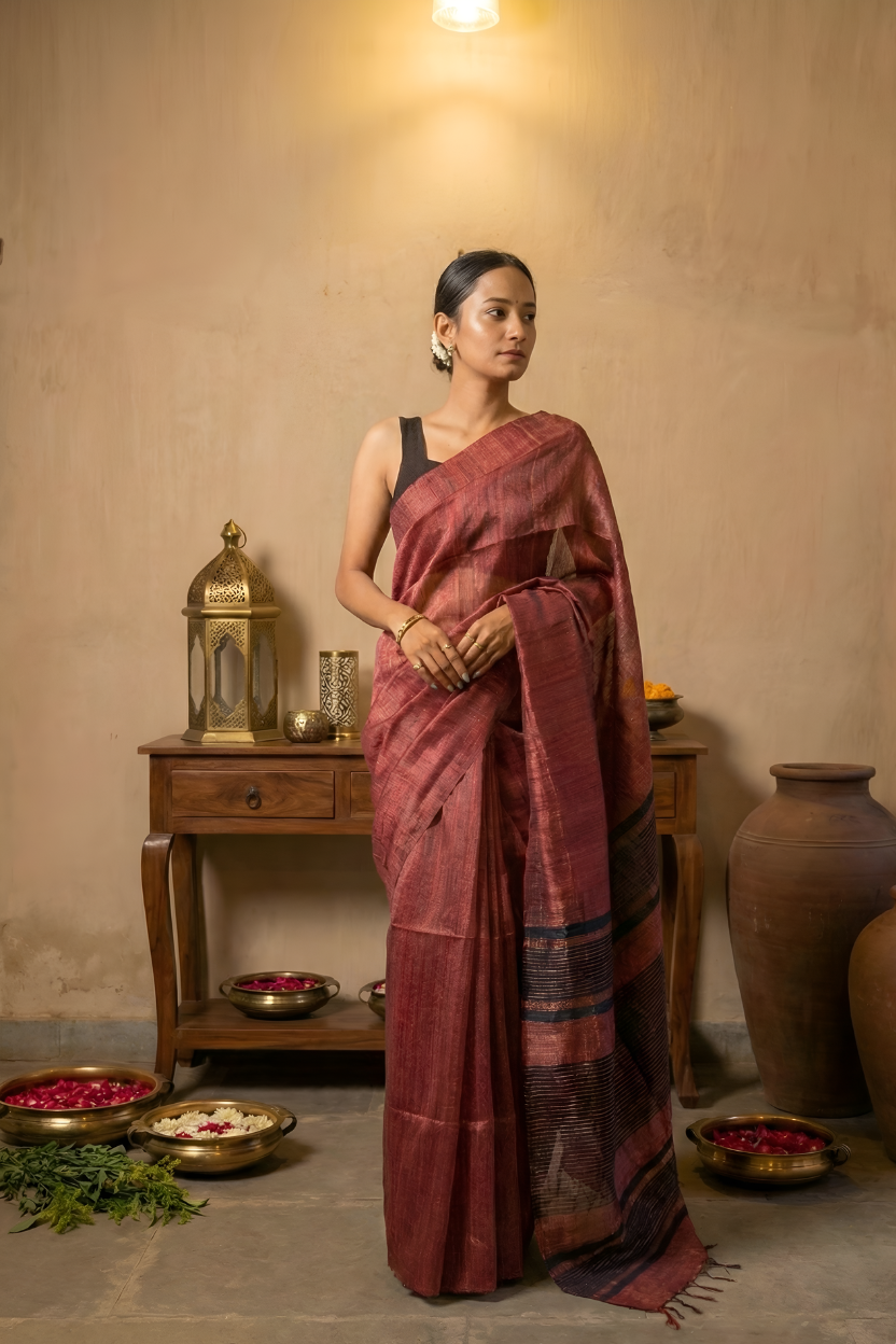 Beautiful Black & Raw Maroon Gicha Tussar Silk Saree With Blouse Piece