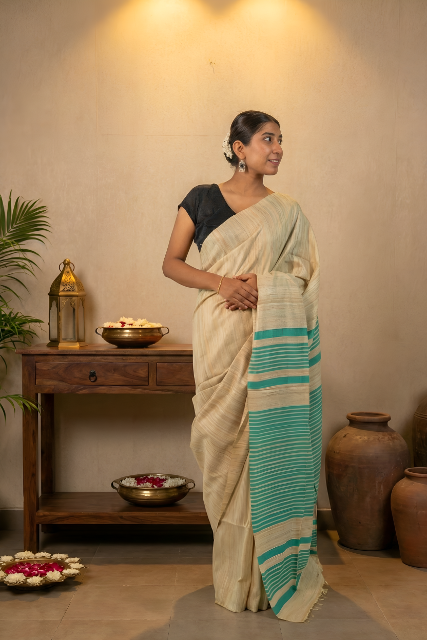 Beautiful Sea Green & Raw Gold Gicha Tussar  Silk Saree With Blouse Piece