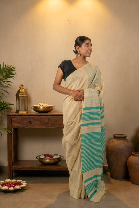 Beautiful Sea Green & Raw Gold Gicha Tussar  Silk Saree With Blouse Piece