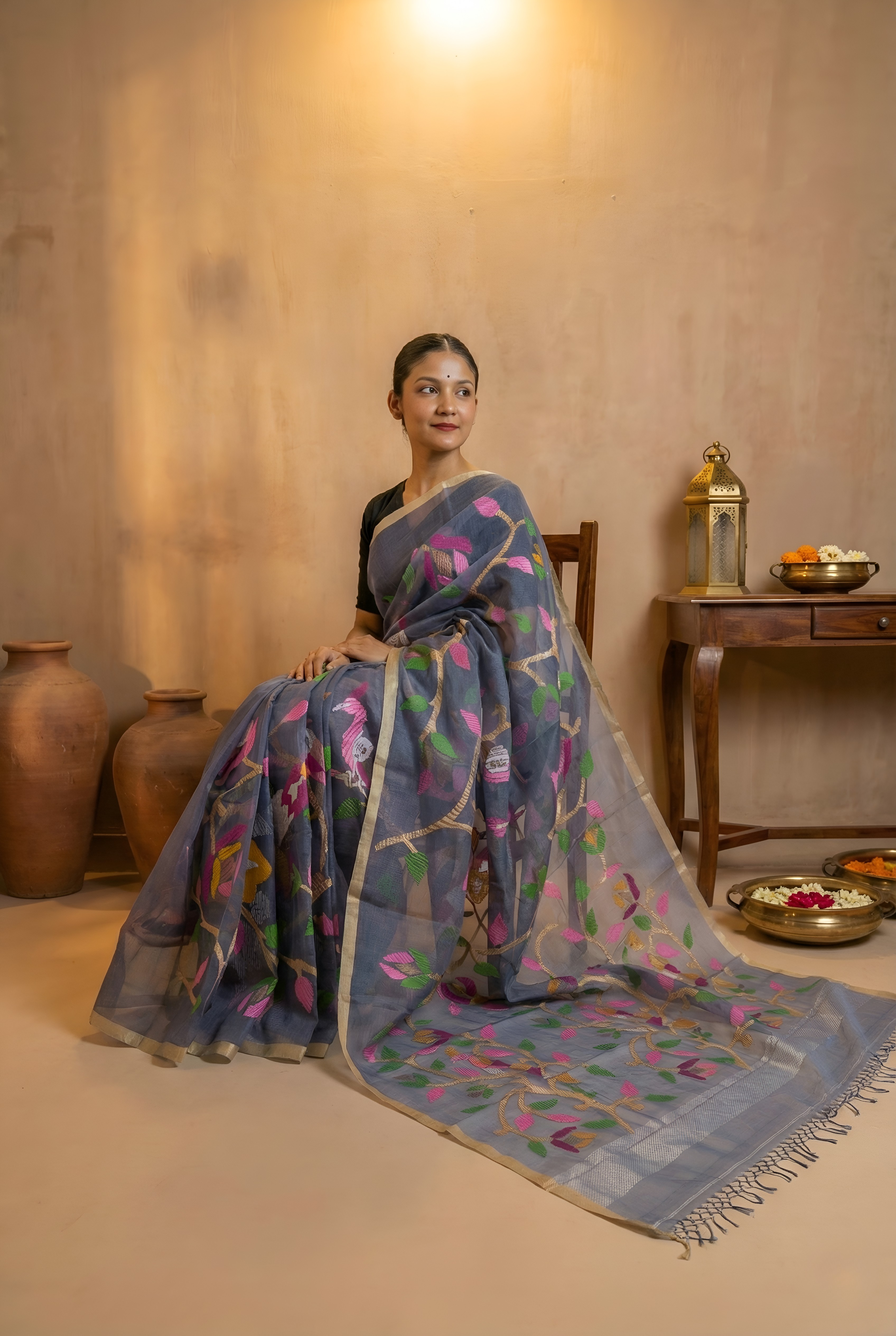 Blue Grey Organza Saree, All Over Jamdani Work With Blouse Piece