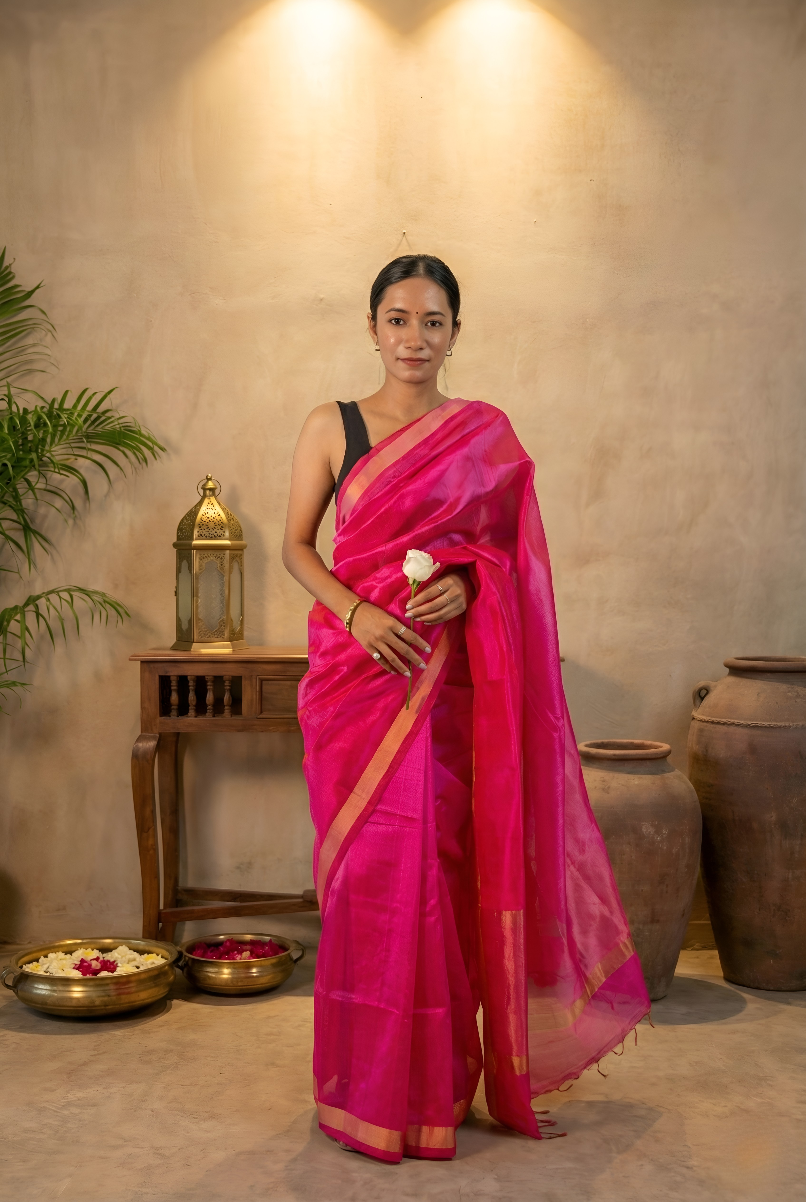 Hot Pink Plane Paturi Silk Saree with Gold Zari Border With Blouse Piece