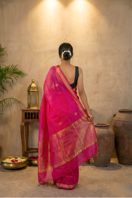 Hot Pink Plane Paturi Silk Saree with Gold Zari Border With Blouse Piece