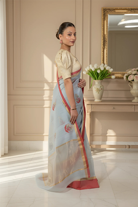 Ice Blue Grey with Red Border Chanderi Silk Cotton Saree With Blouse Piece