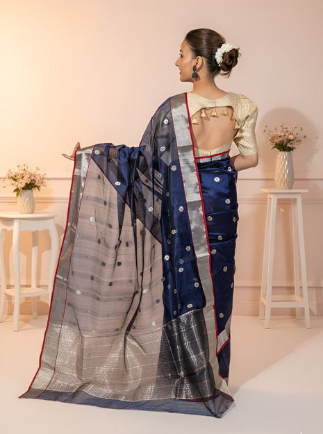 Vibrant Royal Blue with Silver Red Border Chander Silk Saree With Blouse Piece