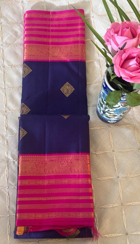 Navy Blue And Pink Kanjivaram Saree