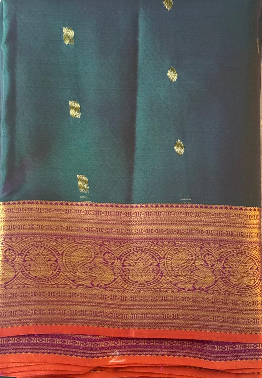 Deep Green Orange Kanjivaram Saree