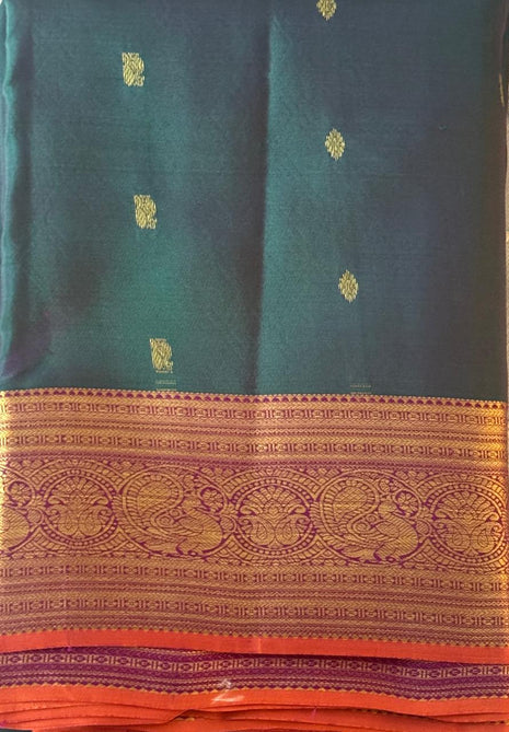 Deep Green Orange Kanjivaram Saree
