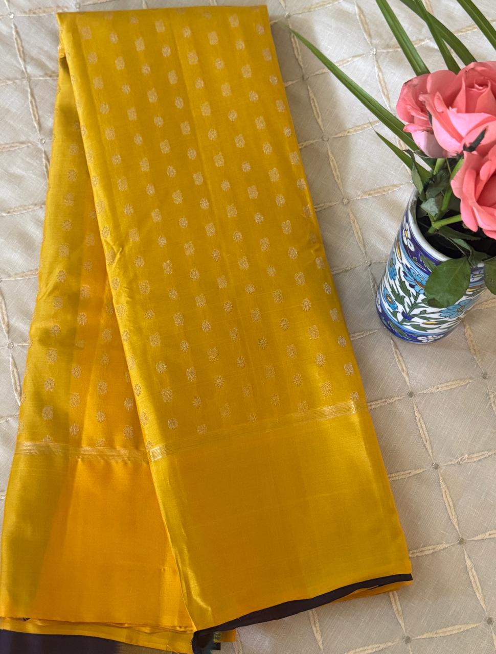 Deep Yellow Soft Silk Kanjivaram Saree, Contrast Green Blouse