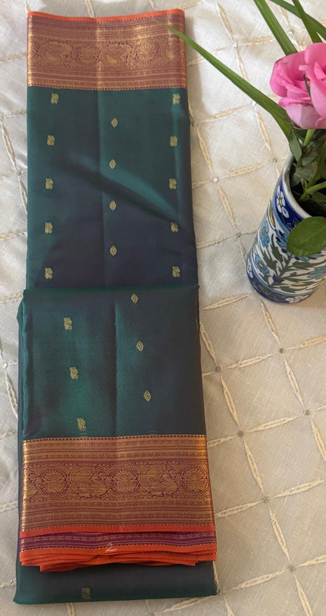 Deep Green Orange Kanjivaram Saree