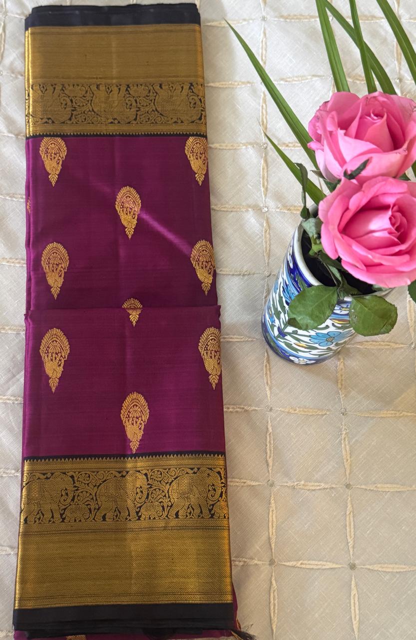 Violet And Gold Black Kanjivaram  Saree
