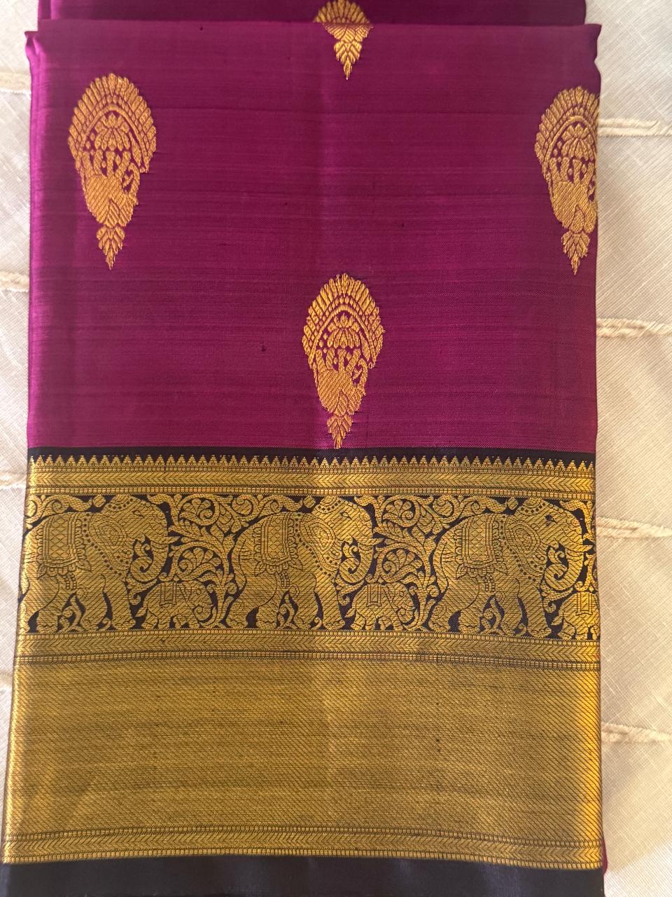 Violet And Gold Black Kanjivaram  Saree