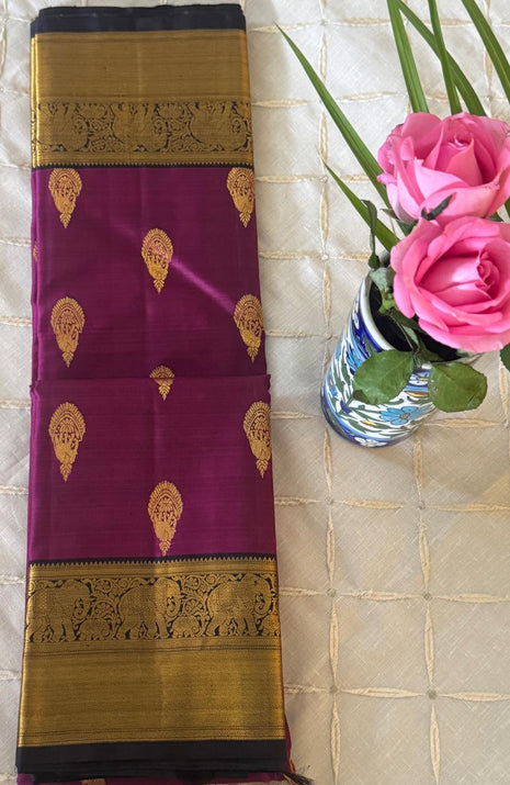 Violet And Gold Black Kanjivaram  Saree