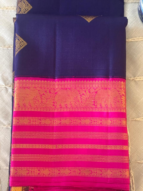 Navy Blue And Pink Kanjivaram Saree