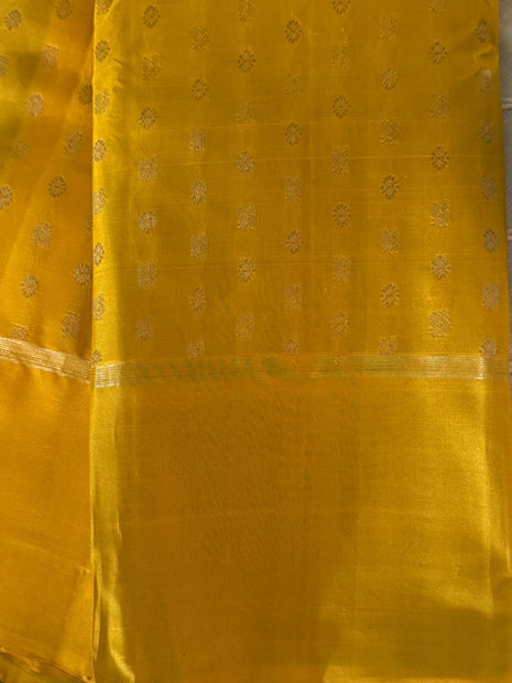 Deep Yellow Soft Silk Kanjivaram Saree, Contrast Green Blouse
