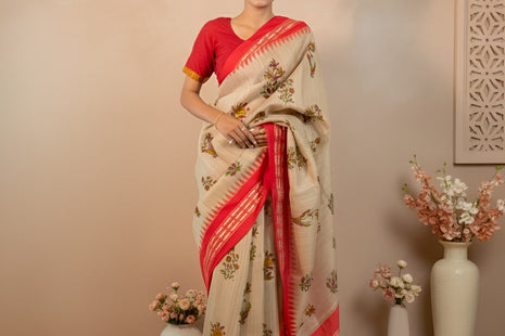 Natural Tussar Saree with Karavati Red Border, Block Print Lilies With Blouse Piece